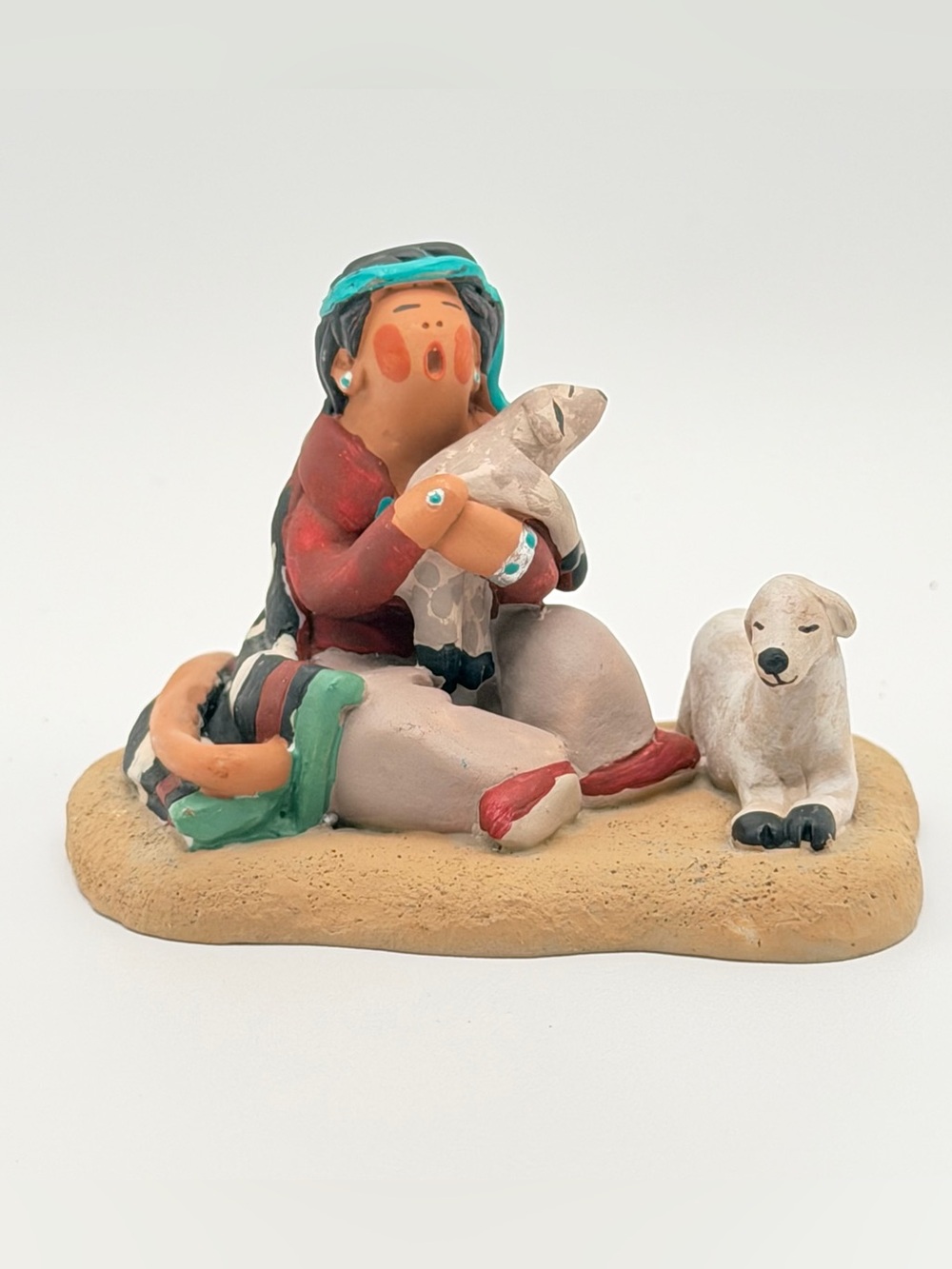 Southwestern Clay Figurine Woman Holding Sheep Lamb Hand Painted Folk Art 2.5”